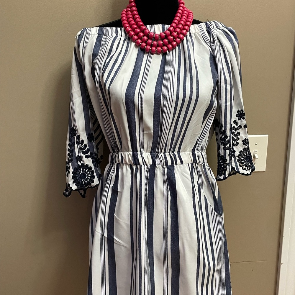 Striped Navy and White Dress with Embroidered Sleeves